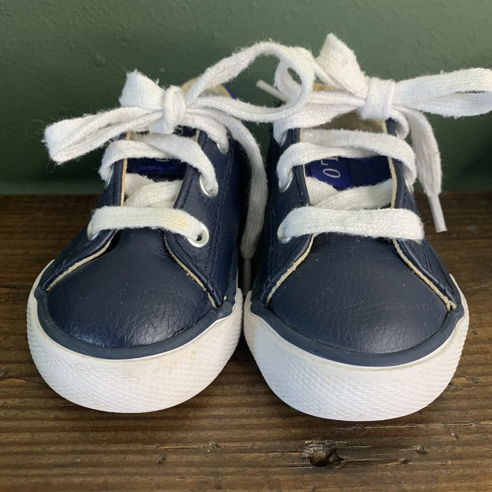 Polo Ralph Lauren Toddler Shoes US sz 5 Blue & White Pony Faux Leather Lace Up